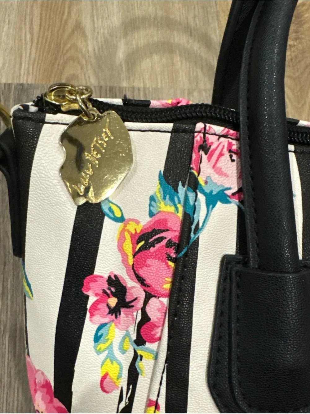 Luv Betsey by Betsey Johnson Mini Satchel Black White Striped Floral Purse Rose